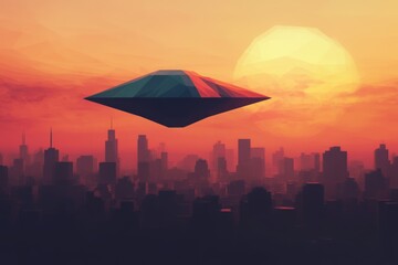 Wall Mural - a ufo is flying over a city at sunset. the sky is orange and the city is lit up. scene is mysterious