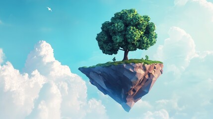 Wall Mural - A tree is floating in the sky above a rocky island. The sky is cloudy and the tree is surrounded by grass