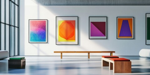 Sticker - Experience a vibrant minimalist gallery showcasing geometric art in bright colors. Modern design elements create an inviting and artistic atmosphere.