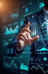 Aufkleber - Businessman interacts with virtual tech interface. Hand touches interactive display. Futuristic graphs, data analysis displayed. Business presentation concept. Modern interactive business tech