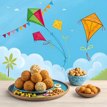 makar Sankranti greeting with kites and food