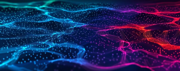 Wall Mural - futuristic digital landscape with glowing lines and particles in blue and pink.
