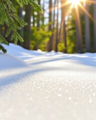 Early Spring Snow concept, Sunlight breaking through trees, illuminating early spring snow on the ground, Hyper realistic