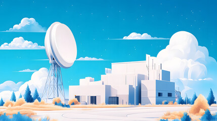 Poster - A modern, stylized building with a large satellite dish against a vibrant blue sky and fluffy clouds
