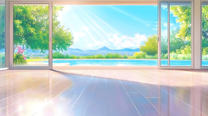 Aufkleber - A serene interior view features sunlight streaming through large windows, showcasing lush greenery and a tranquil blue pool outside