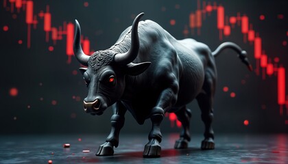 Aufkleber - Powerful bull figure stands for bull market. Stock market growth concept. Strong financial trend. Rising prices. Investment success. Illustrative design for brokers investors. Business growth. Upward