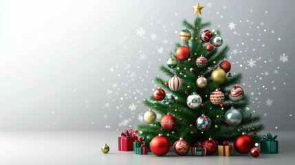 Fototapete - Festively decorated 3D Christmas tree, colorful balls and ornaments shine on a transparent background.