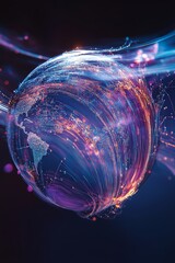 Poster - A vibrant and colorful abstract representation of a globe surrounded by flowing lights, symbolizing global connectivity and technological advancements in communication.