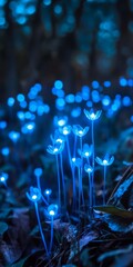 Poster - Glowing blue bioluminescent flowers create a magical atmosphere in a dark forest, casting an ethereal light on the surroundings.