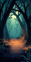 Poster - Explore a mystical forest pathway basked in soft illumination, framed by towering trees and vibrant foliage. Perfect for conveying tranquility and adventure.