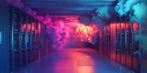 Poster - Realistic Representation of a Data Center with Colorful Lighting and Cloud Effects in a Modern Network Environment