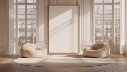 Wall Mural - Sunlit room with two beige armchairs, large empty frame, and rug.