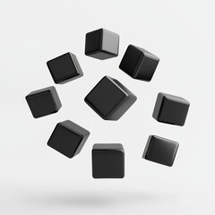 Poster - A digital 3D illustration featuring black cubes suspended in mid-air against a clean white backdrop, creating a modern and abstract visual.