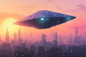 Wall Mural - a futuristic city with a large spaceship flying over it. the sky is orange and the sun is setting