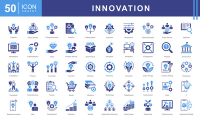 Innovation icon collection set. Containing implementation, idea, profit growth, service, value, definition, improvement icon.