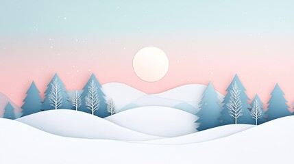 Poster - Minimalist papercut-style snowy hills under a serene pastel sky.