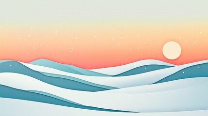 Poster - Minimalist papercut-style snowy hills under a serene pastel sky.