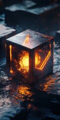 Poster - cube with a fire inside of it. the cube is surrounded by water and rocks