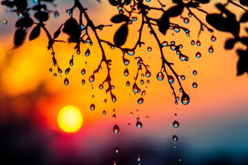 Poster - tree branch is covered in raindrops, with a beautiful sunset in the background. concept of tranquili