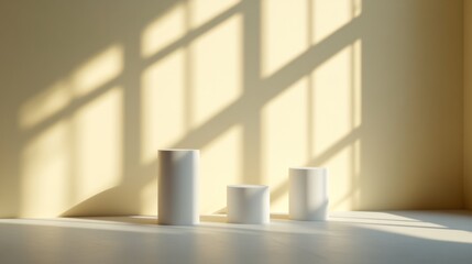 Wall Mural - Three white cylindrical display stands in sunlit room.