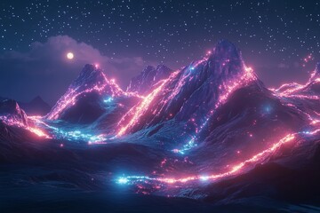 Wall Mural - Mountain range with a bright pink and blue glow. The mountains are lit up with neon colors. The scene is peaceful