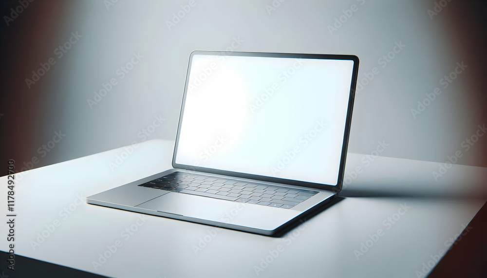 Education A diagonal view of a laptop with a blank white screen on a ...