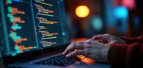 Aufkleber - Person typing on laptop keyboard. Coding on screen. Pro software development work. Focus on detail, precision. Hands on laptop keyboard in close-up. Night-time work environment. Focus on development,