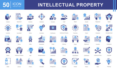 Poster - Intellectual Property icon collection set. Containing human intelligence, innovation, creation, idea, ip, legal, invention, certification, patent icon.