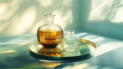 Sticker - Two glass bottles with liquid on a gold tray, sunlit.