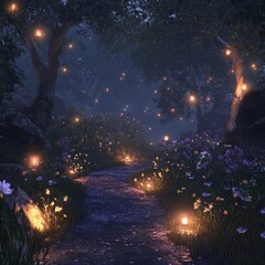 Poster - A mystical forest path at night, lit by glowing lanterns and surrounded by enchanting flowers, creating a magical atmosphere.