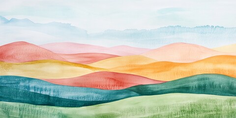 Poster - This watercolor artwork depicts a serene landscape of rolling hills in soft, warm colors. The gentle gradients blend harmoniously, creating a peaceful atmosphere.