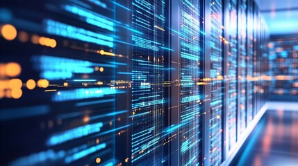 Poster - Futuristic Network Data Stream Background with Bright Digital Elements and Server Racks in Modern Data Center