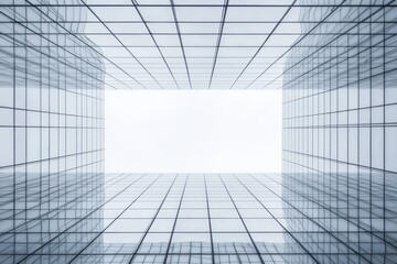 Poster - A unique perspective looking up at sleek skyscrapers with reflective glass facades, creating an abstract urban scene that embodies modern architecture.