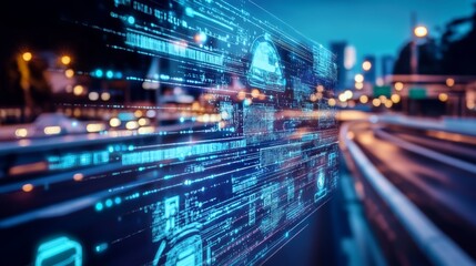 Poster - A stunning digital representation showcasing data flow and information interaction against a city backdrop at night. Ideal for tech-related projects.