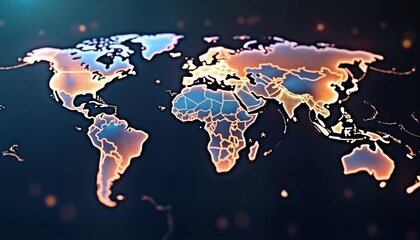 Poster - Global world map with glowing outlines of countries. Futuristic tech concept. International communication network. Global business connections. Digital planet. Shows worldwide interconnectedness.