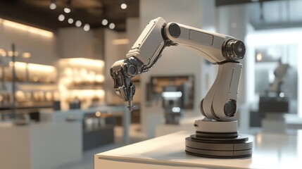 Poster - A sleek robotic arm in a contemporary industrial environment, highlighting advanced automation and precision engineering.