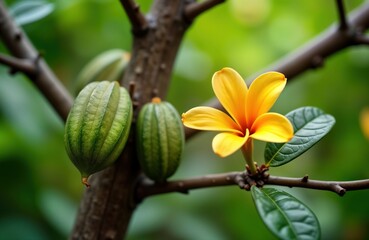 close-up view of vibrant green cacao pods, beautiful bright yellow flower on tropical tree. pods han