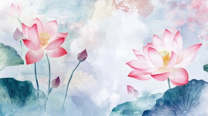 Wall Mural - serene watercolor floral illustration with lotus blossoms on pastel background