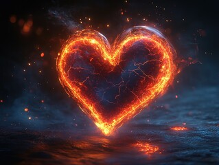 Fiery heart burning on dark, smoky ground.