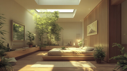 Wall Mural - Modern minimalist bedroom with skylights and natural light