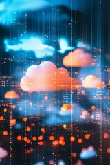 Poster - Explore an abstract digital representation of clouds and data streams, featuring vibrant glowing elements in a futuristic design. Perfect for tech themes.