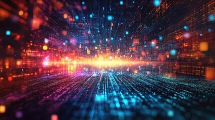 Poster - an abstract technology background featuring a vibrant array of colored optical fibers, creating a vi