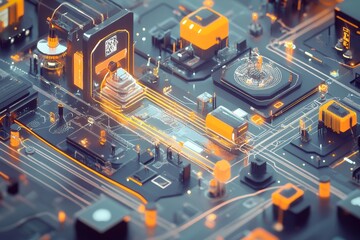 Poster - explore a vibrant isometric visualization showcasing data connection points on a futuristic circuit 