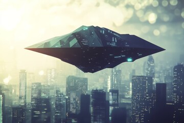 Wall Mural - a futuristic spaceship is flying over a city. the city is lit up with lights, giving it a futuristic