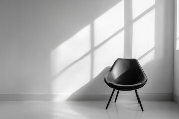 Sticker - A sleek black chair in a minimalist room with sunlight casting geometric shadows on white walls and floor.