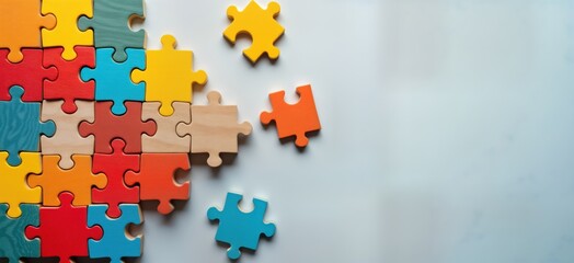 Colorful wooden puzzle pieces form partially completed geometric shape puzzle on white background. Image conveys concepts of logical thinking, problem-solving, strategy, success. Visual represents