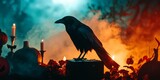 A solitary raven stands hauntingly on a log amidst Halloween decor, shrouded in smoke and soft candlelight, creating a chilling yet captivating atmosphere.