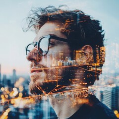 Poster - Urban digital identity verification lifestyle portrait cityscape background modern technology evening atmosphere conceptual art