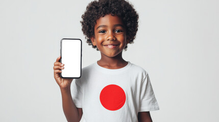 Wall Mural - A black kid in a T-shirt in the shape of the Japanese flag holds a smartphone with an empty screen on a gray background in his hand. A phone mockup to advertise a children's app. Japan Day