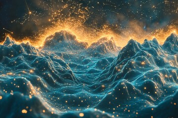 Poster - computer generated image of a blue ocean with a bright orange and yellow sky. the sky is filled with